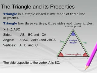 The Triangle and its Properties 
Triangle is a simple closed curve made of three line 
segments. 
Triangle has three vertices, three sides and three angles. 
 In Δ ABC 
Sides: AB, BC and CA 
Angles: ∠BAC, ∠ABC and ∠BCA 
Vertices: A, B and C 
The side opposite to the vertex A is BC. 
 