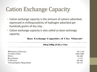 Cation Exchange Capacity
• Cation exchange capacity is the amount of cations adsorbed,
expressed in milliequivalents of hydrogen adsorbed per
hundreds grams of dry clay .
• Cation exchange capacity is also called as base exchange
capacity.
 