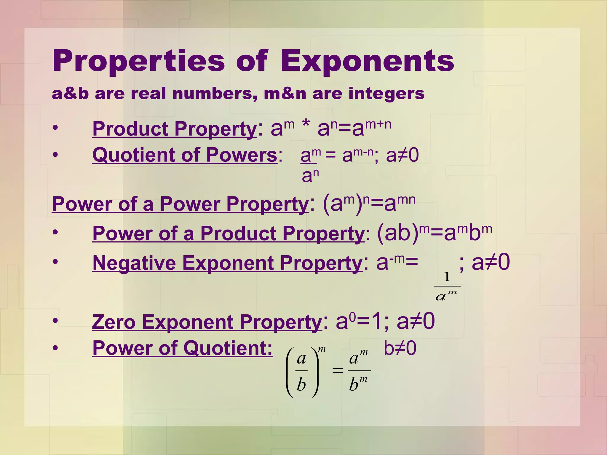 Properties of Exponents a&b are real numbers, m&n are integers Product Property : a m  * a n =a m+n Quotient of Powers :  a m   = a m-n ;   a≠0   a n Power of a Power Property : (a m ) n =a mn Power of a Product Property :  (ab) m =a m b m Negative Exponent Property : a -m =  ; a ≠0 Zero Exponent Property : a 0 =1; a≠0 Power of Quotient:     b≠0 