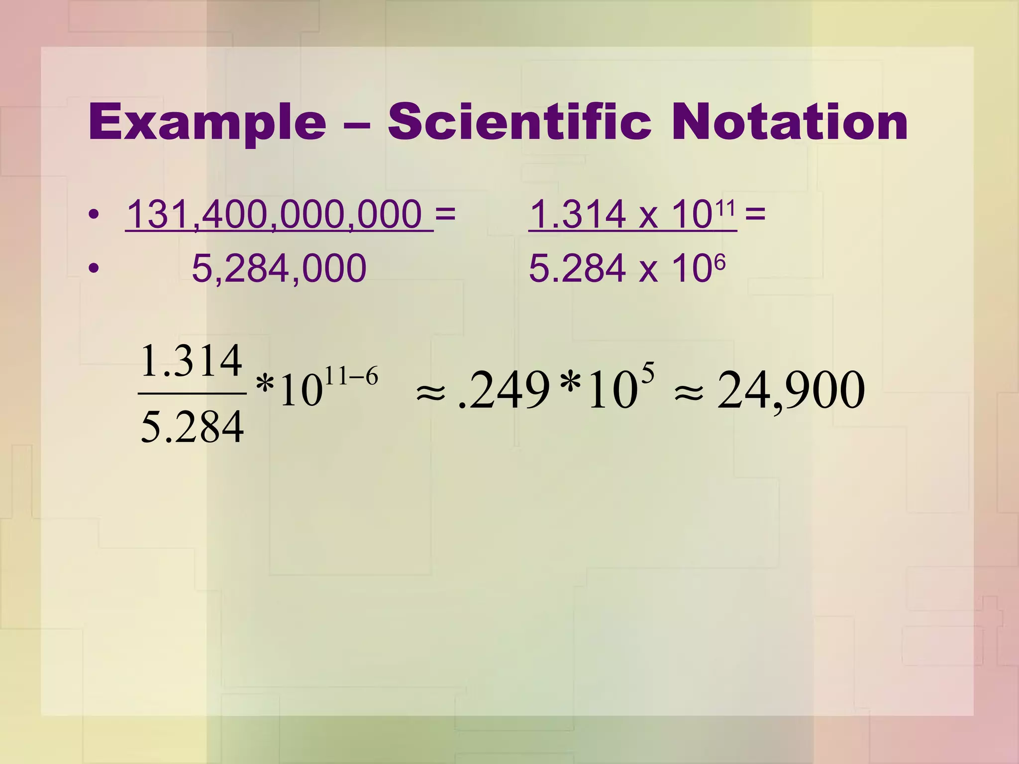 Example – Scientific Notation 131,400,000,000  = 5,284,000 1.314 x 10 11   = 5.284 x 10 6 