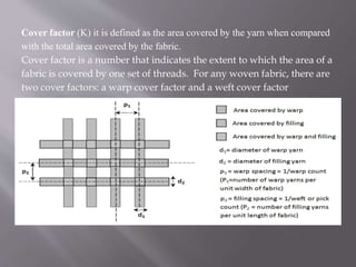 Cover factor (K) it is defined as the area covered by the yarn when compared
with the total area covered by the fabric.
Cover factor is a number that indicates the extent to which the area of a
fabric is covered by one set of threads. For any woven fabric, there are
two cover factors: a warp cover factor and a weft cover factor
 