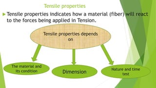 Tensile properties
 Tensile properties indicates how a material (fiber) will react
to the forces being applied in Tension.
Tensile properties depends
on
The material and
its condition Dimension
Nature and time
test
 