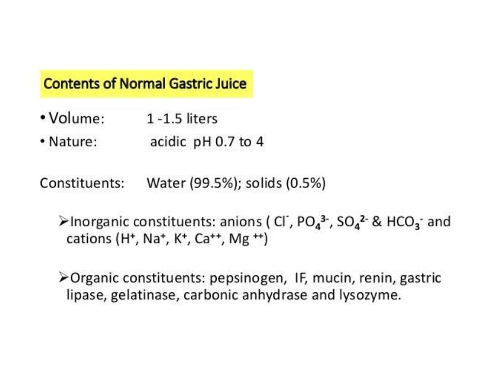 Properties of gastric juice, composition of gastric juice and functio…