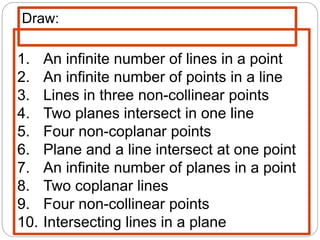 1. An infinite number of lines in a point
2. An infinite number of points in a line
3. Lines in three non-collinear points
4. Two planes intersect in one line
5. Four non-coplanar points
6. Plane and a line intersect at one point
7. An infinite number of planes in a point
8. Two coplanar lines
9. Four non-collinear points
10. Intersecting lines in a plane
Draw:
 