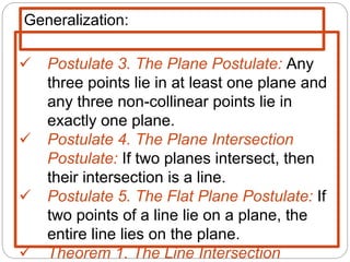  Postulate 3. The Plane Postulate: Any
three points lie in at least one plane and
any three non-collinear points lie in
exactly one plane.
 Postulate 4. The Plane Intersection
Postulate: If two planes intersect, then
their intersection is a line.
 Postulate 5. The Flat Plane Postulate: If
two points of a line lie on a plane, the
entire line lies on the plane.
 Theorem 1. The Line Intersection
Generalization:
 