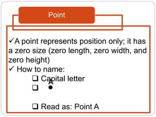Point
A point represents position only; it has
a zero size (zero length, zero width, and
zero height)
 How to name:
 Capital letter

 Read as: Point A
A
 