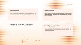 Explore the nature of electromagnetic waves, the electromagnetic spectrum, wave
phenomena like reflection, refraction, diffraction, and interference, plus
polarization and wave-particle duality.
Properties of Light Waves
Discover real-world uses: fiber optics and wireless communications, SONAR and
GPS navigation, ultrasound and laser medicine, plus acoustics, holography, and
immersive VR/AR experiences.
Presentation Overview
Properties of Light and Sound Waves
Examine how sound propagates as a mechanical wave, key properties including
frequency, wavelength, and amplitude, plus phenomena like echo, the Doppler
effect, and resonance.
Properties of Sound Waves
Applications in Technology, Navigation, Medicine &
Entertainment
 