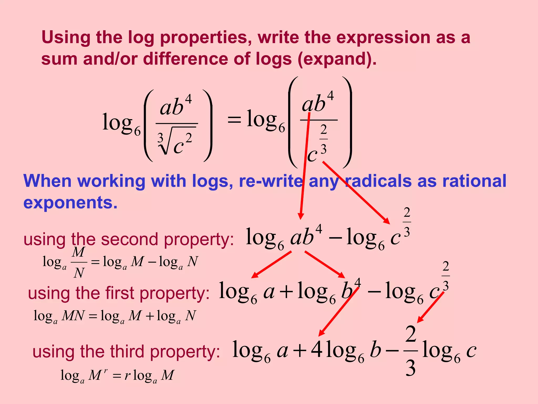 Using the log properties, write the expression as a sum and/or difference of logs (expand). using the second property: When working with logs, re-write any radicals as rational exponents. using the first property: using the third property: 