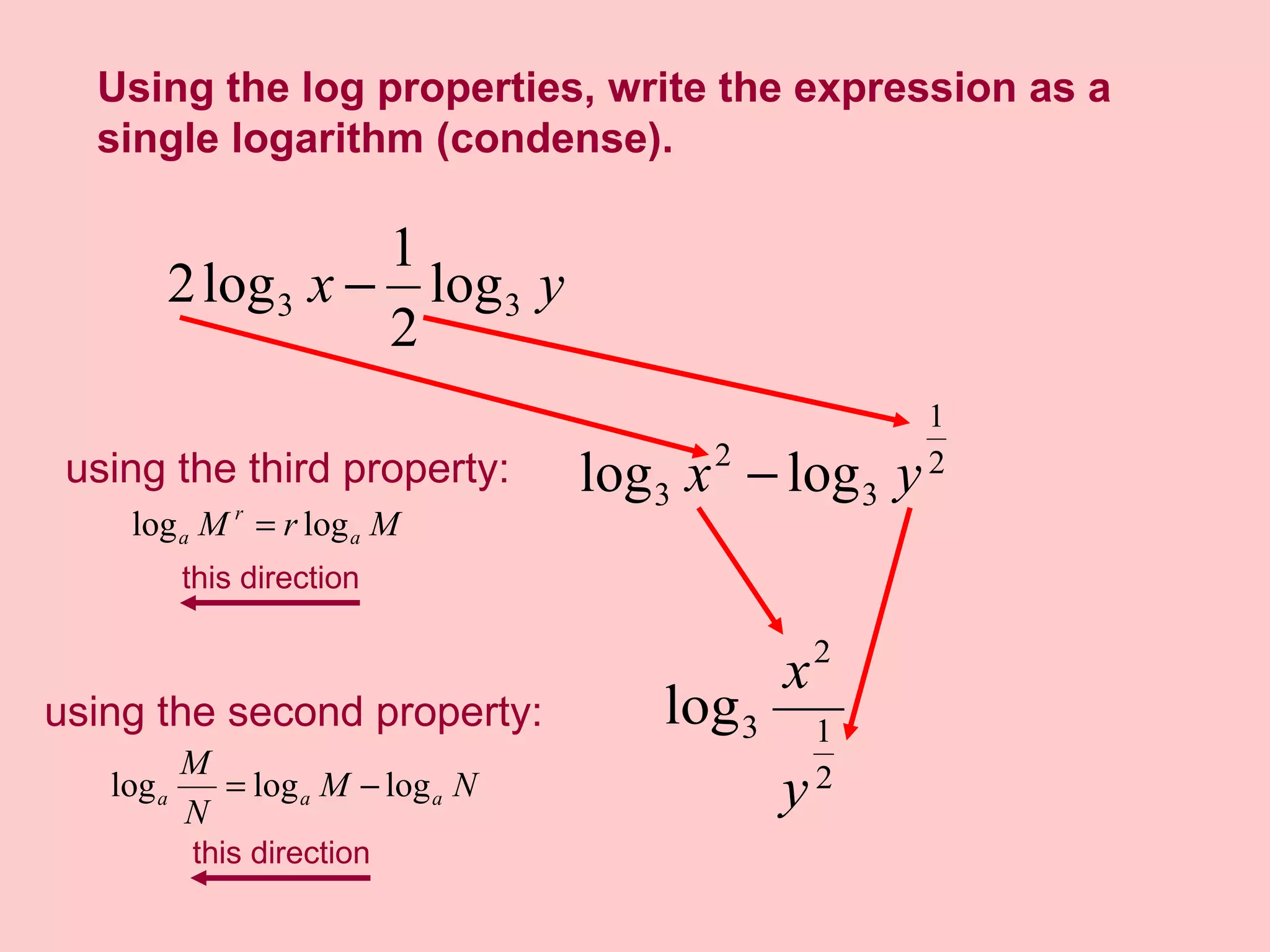 Using the log properties, write the expression as a single logarithm (condense). using the third property: using the second property: this direction this direction 