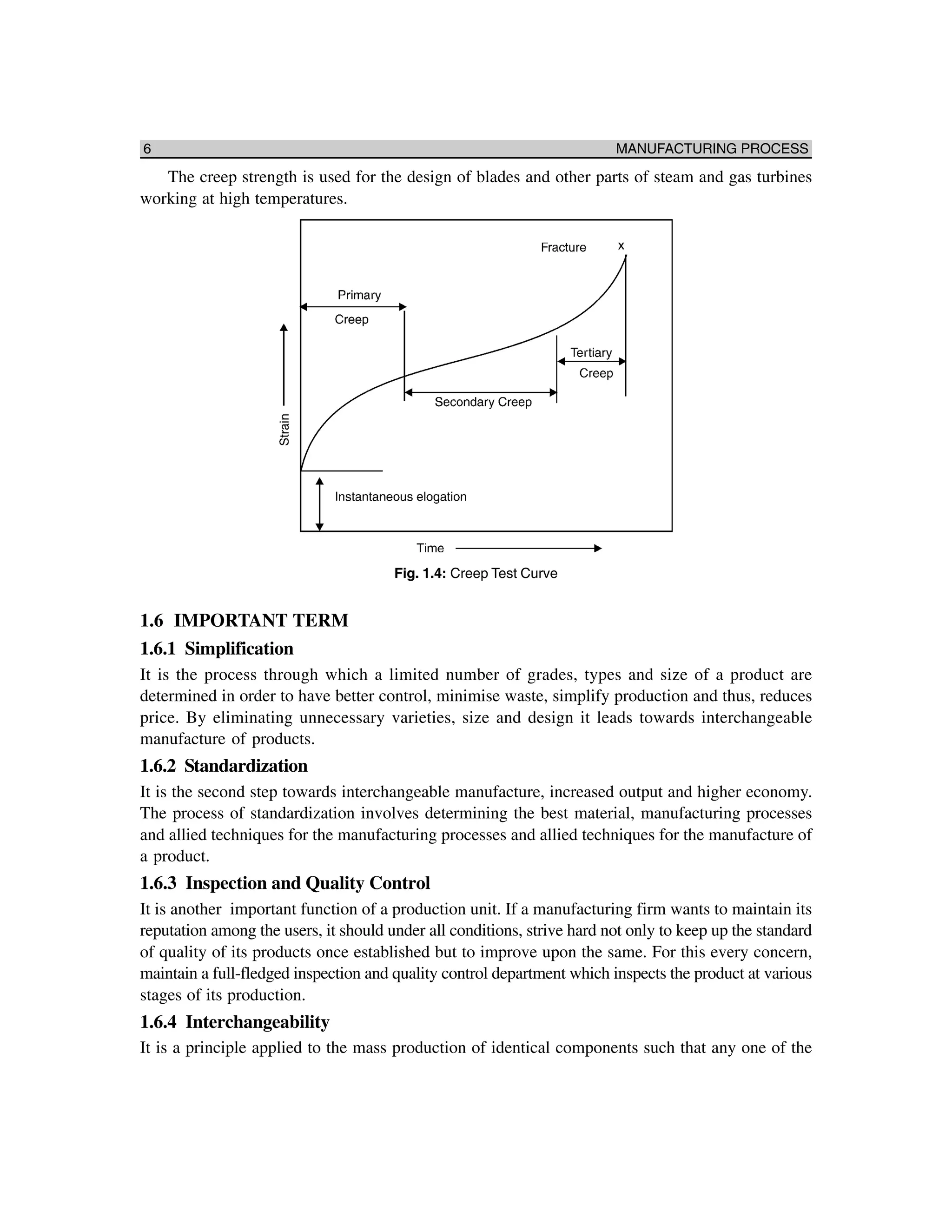 6 MANUFACTURING PROCESS
The creep strength is used for the design of blades and other parts of steam and gas turbines
working at high temperatures.
Fig. 1.4: Creep Test Curve
1.6 IMPORTANT TERM
1.6.1 Simplification
It is the process through which a limited number of grades, types and size of a product are
determined in order to have better control, minimise waste, simplify production and thus, reduces
price. By eliminating unnecessary varieties, size and design it leads towards interchangeable
manufacture of products.
1.6.2 Standardization
It is the second step towards interchangeable manufacture, increased output and higher economy.
The process of standardization involves determining the best material, manufacturing processes
and allied techniques for the manufacturing processes and allied techniques for the manufacture of
a product.
1.6.3 Inspection and Quality Control
It is another important function of a production unit. If a manufacturing firm wants to maintain its
reputation among the users, it should under all conditions, strive hard not only to keep up the standard
of quality of its products once established but to improve upon the same. For this every concern,
maintain a full-fledged inspection and quality control department which inspects the product at various
stages of its production.
1.6.4 Interchangeability
It is a principle applied to the mass production of identical components such that any one of the
 