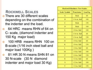 ROCKWELL SCALES
 There are 30 different scales
depending on the combination of
the indenter and the load.
 64 HRC means RHN of 64 on
C- scale, (diamond indenter and
150 Kg major load)
 100 HRB means RHN 100 on
B-scale (1/16 inch steel ball and
major load 100Kg )
 81 HR 30 N means SHN 81 on
30 N-scale (30 N diamond
indenter and major load 30 Kg)
 