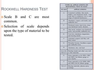 ROCKWELL HARDNESS TEST
 Scale B and C are most
common.
 Selection of scale depends
upon the type of material to be
tested.
 