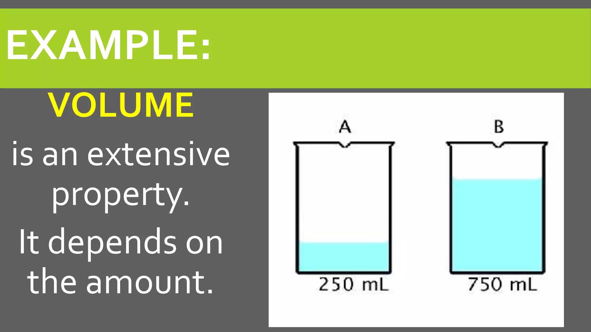EXAMPLE:
VOLUME
is an extensive
property.
It depends on
the amount.
 