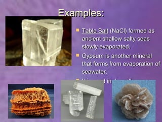 Examples:
      Table Salt (NaCl) formed as
       ancient shallow salty seas
       slowly evaporated.
      Gypsum is another mineral
       that forms from evaporation of
       seawater.
      It is used in drywall.
 