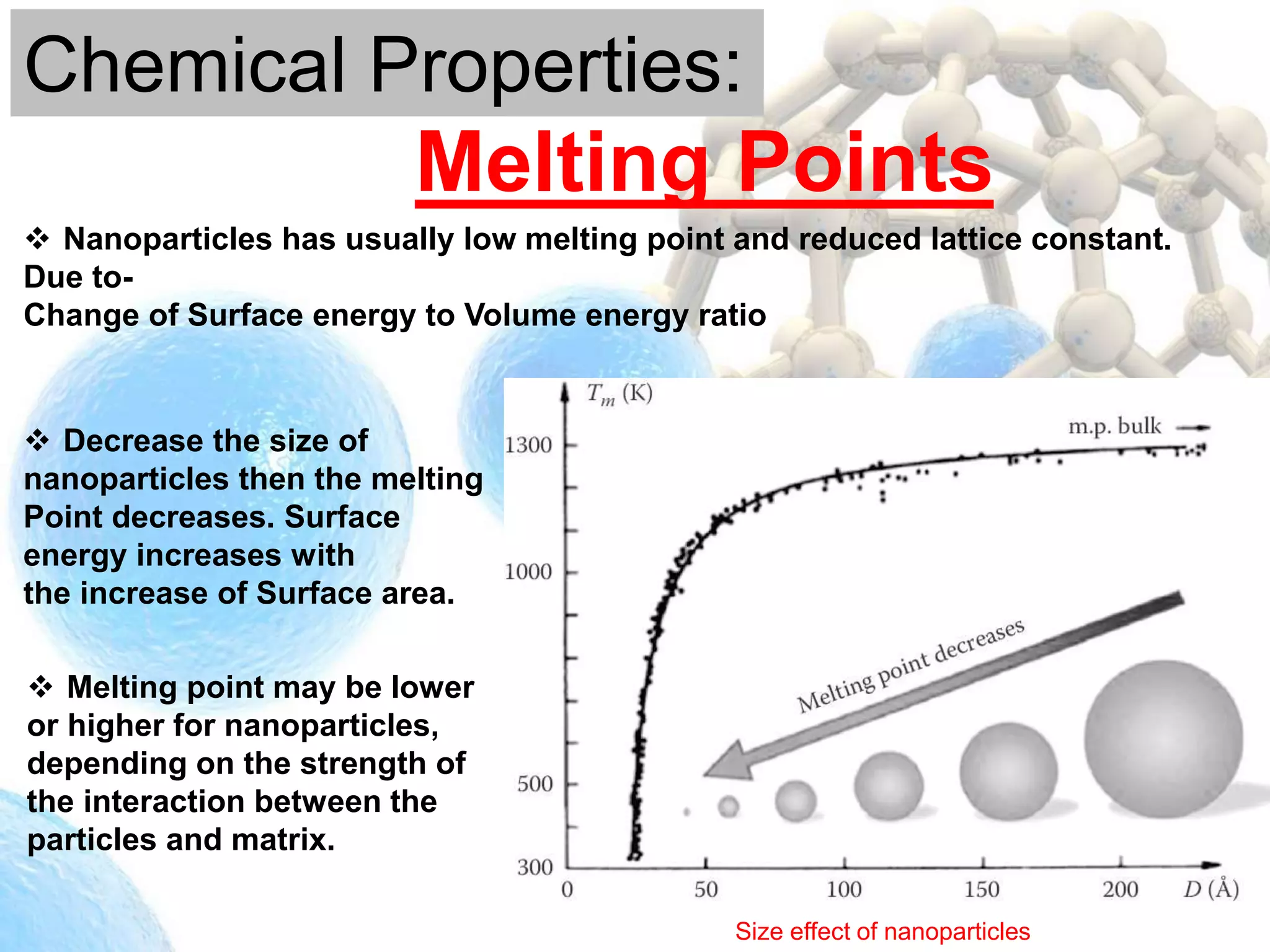 Chemical Properties:
Melting Points
 Nanoparticles has usually low melting point and reduced lattice constant.
Due to-
Change of Surface energy to Volume energy ratio
 Decrease the size of
nanoparticles then the melting
Point decreases. Surface
energy increases with
the increase of Surface area.
Size effect of nanoparticles
 Melting point may be lower
or higher for nanoparticles,
depending on the strength of
the interaction between the
particles and matrix.
 