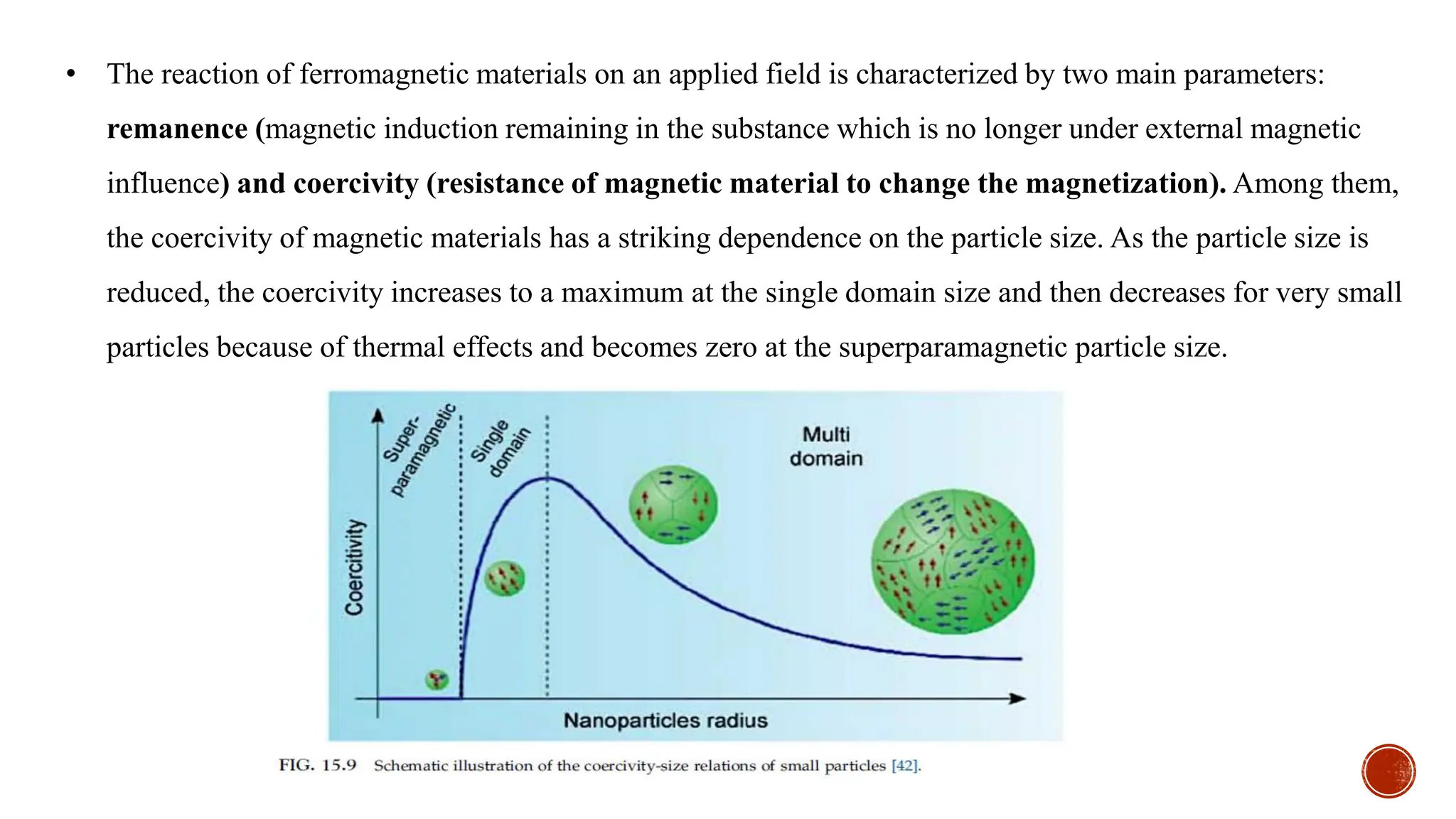 • The reaction of ferromagnetic materials on an applied field is characterized by two main parameters:
remanence (magnetic induction remaining in the substance which is no longer under external magnetic
influence) and coercivity (resistance of magnetic material to change the magnetization). Among them,
the coercivity of magnetic materials has a striking dependence on the particle size. As the particle size is
reduced, the coercivity increases to a maximum at the single domain size and then decreases for very small
particles because of thermal effects and becomes zero at the superparamagnetic particle size.
 