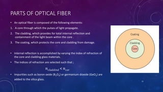 PARTS OF OPTICAL FIBER
• An optical fiber is composed of the following elements:
1. A core through which the pulses of light propagate.
2. The cladding, which provides for total internal reflection and
containment of the light beam within the core .
3. The coating, which protects the core and cladding from damage.
• Internal reflection is accomplished by varying the index of refraction of
the core and cladding glass materials.
• The indices of refraction are selected such that ;
𝑛 𝑐𝑙𝑎𝑑𝑑𝑖𝑛𝑑 < 𝑛 𝑐𝑜𝑟
• Impurities such as boron oxide (B2O3) or germanium dioxide (GeO2) are
added to the silica glass.
23
 