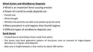 Wind Action and Windborne Deposits
Wind is an important force causing erosion
Power of a wind to erode depends on:
- Particle size
- Wind strength
- Whether the particles are able to be picked up by the wind
More prevalent in arid regions than humid regions
Different types of windborne deposits are:
Sand dunes
- Created due to wind blown loose sands from plains
- The dunes may form geometric pattern of structures such as crescent or ridge-shaped
Barchans or irregular sand deposits
- May vary in height between a few metres to about 100 metres
 