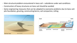 - Main structural problem encountered in loess soil – subsidence under wet conditions
- Construction of heavy structures on loess soil should be avoided
- Some engineering measures that can be adopted to overcome problems due to loess soil:
pile foundation, grouting, constructing berms, soil compaction, rolling
 