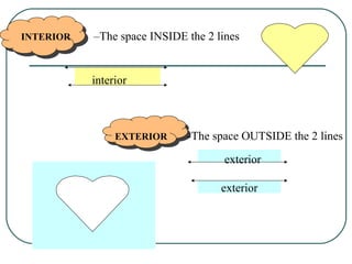 interior
INTERIOR –The space INSIDE the 2 lines
EXTERIOR -The space OUTSIDE the 2 lines
exterior
exterior
 