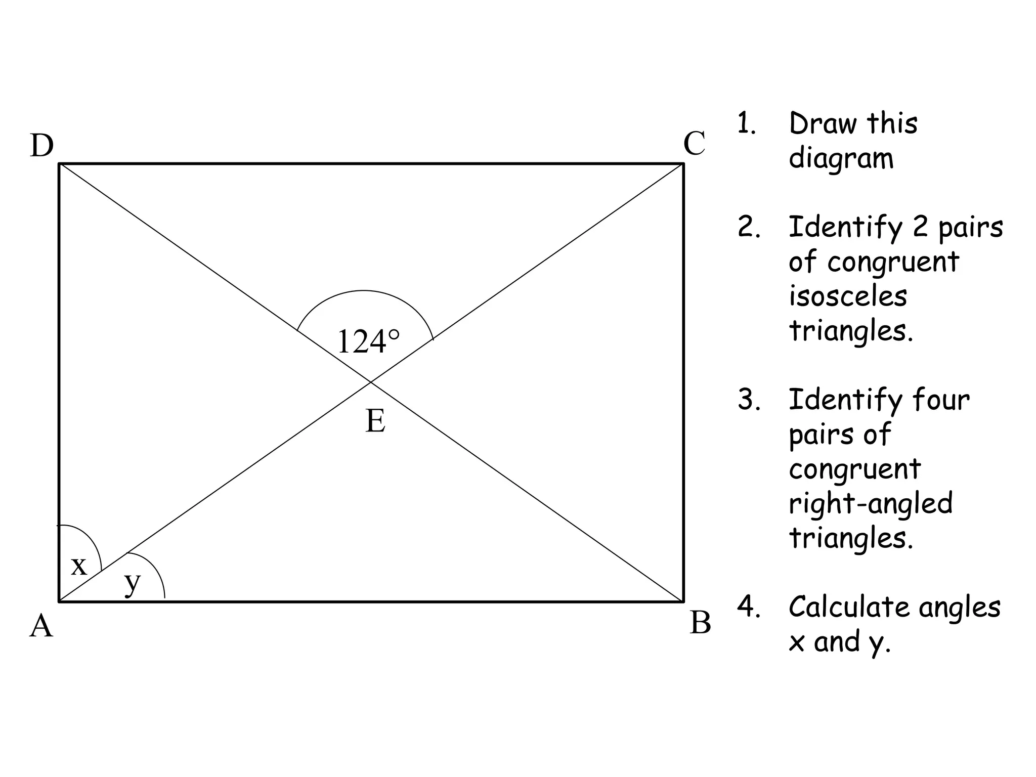 124°
D C
A B
E
x y
1. Draw this
diagram
2. Identify 2 pairs
of congruent
isosceles
triangles.
3. Identify four
pairs of
congruent
right-angled
triangles.
4. Calculate angles
x and y.
 