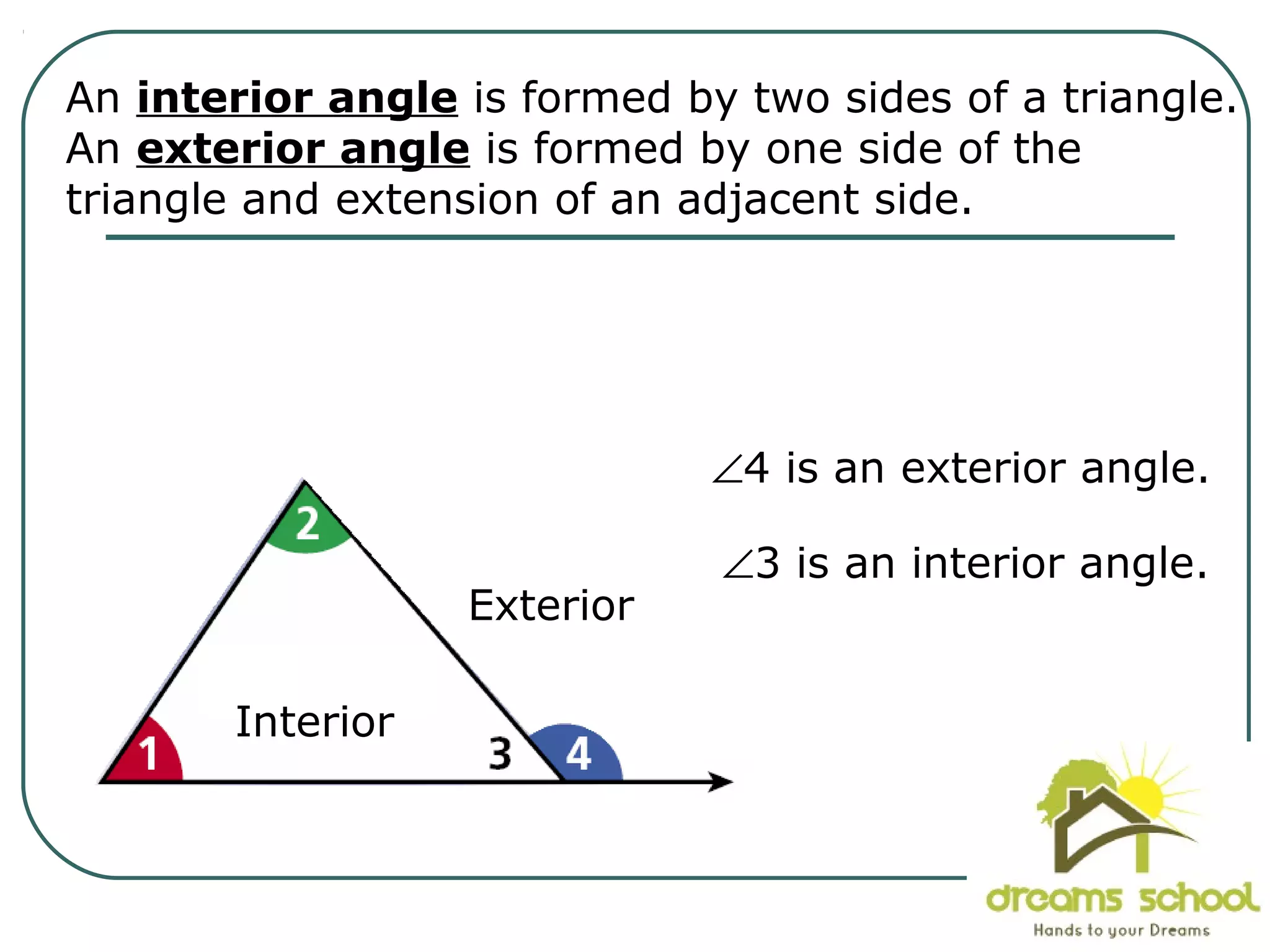 An interior angle is formed by two sides of a triangle.
An exterior angle is formed by one side of the
triangle and extension of an adjacent side.
Interior
Exterior
∠4 is an exterior angle.
∠3 is an interior angle.
 