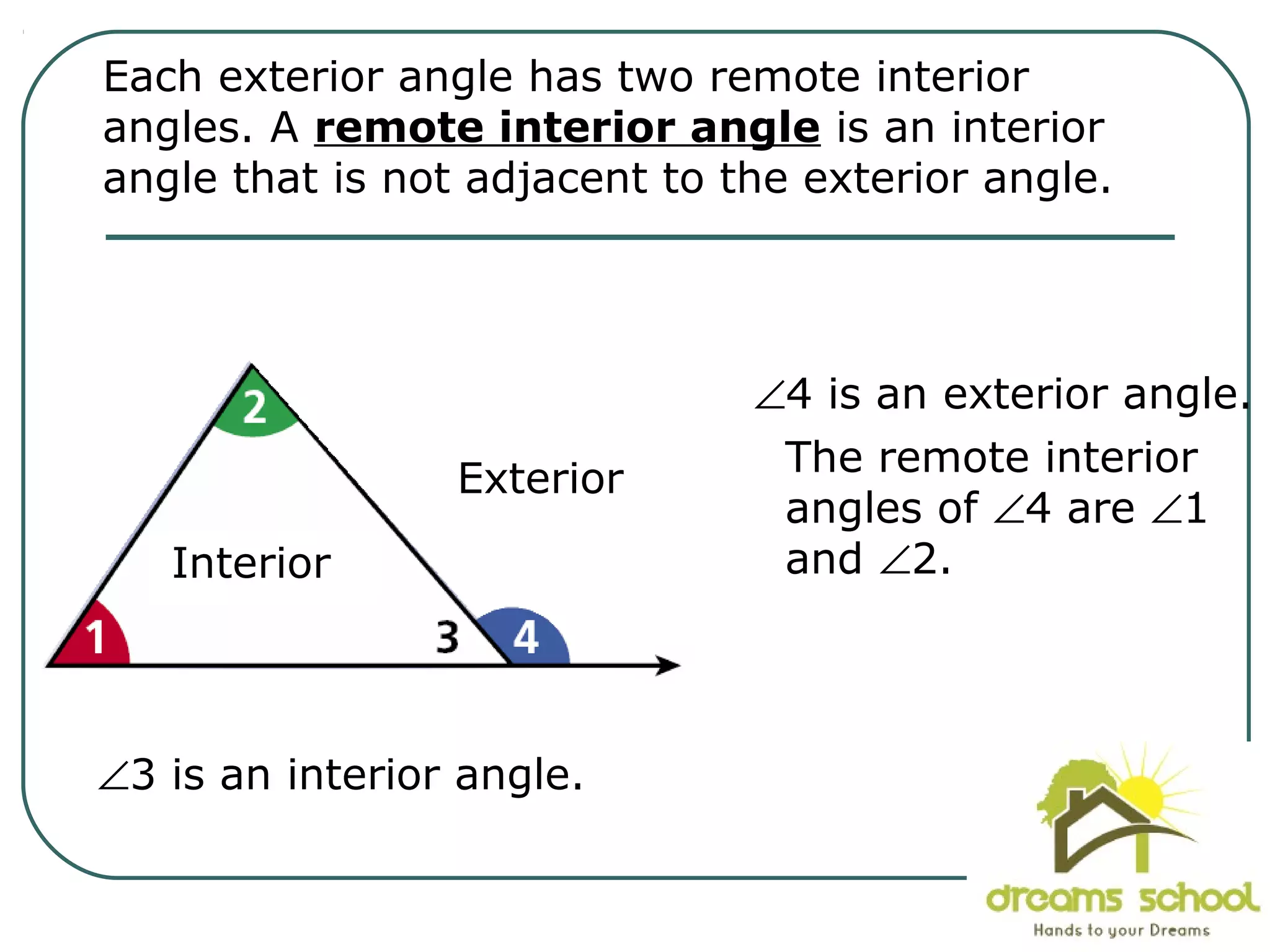 Each exterior angle has two remote interior
angles. A remote interior angle is an interior
angle that is not adjacent to the exterior angle.
Interior
Exterior
∠3 is an interior angle.
∠4 is an exterior angle.
The remote interior
angles of ∠4 are ∠1
and ∠2.
 