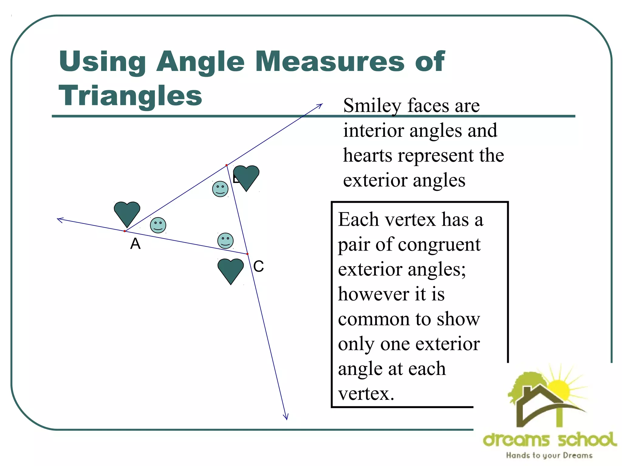 18
A
B
C
Using Angle Measures of
Triangles Smiley faces are
interior angles and
hearts represent the
exterior angles
Each vertex has a
pair of congruent
exterior angles;
however it is
common to show
only one exterior
angle at each
vertex.
 