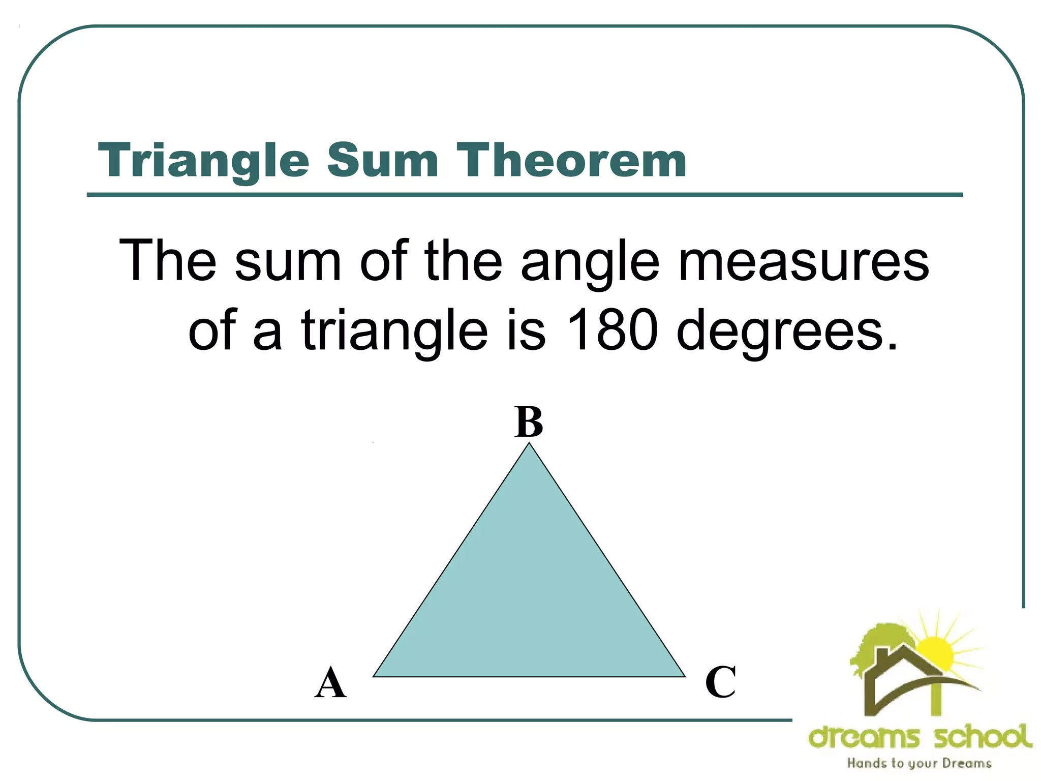 Triangle Sum Theorem
The sum of the angle measures
of a triangle is 180 degrees.
A
B
C
 