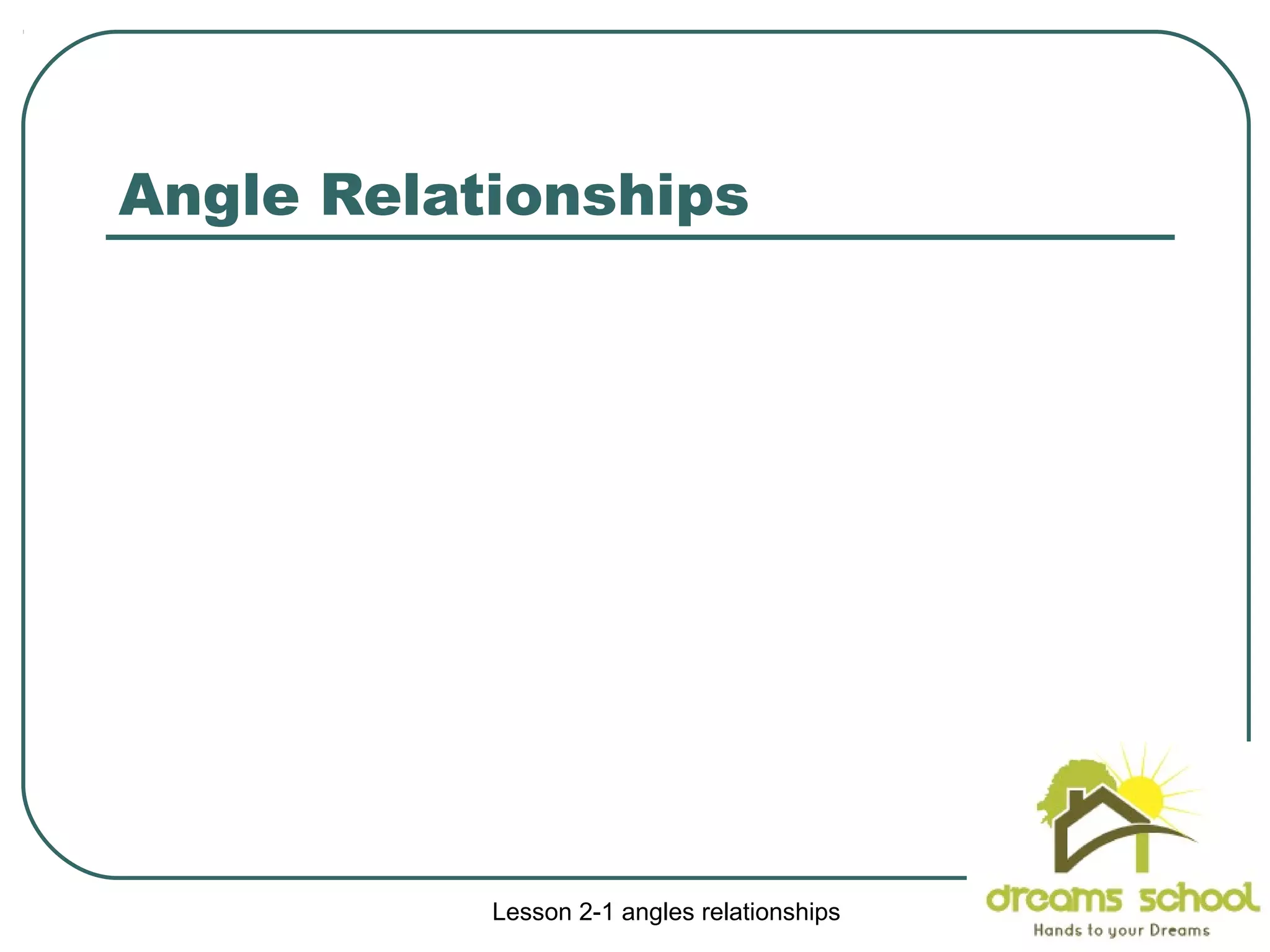 Angle Relationships
Lesson 2-1 angles relationships 31
 