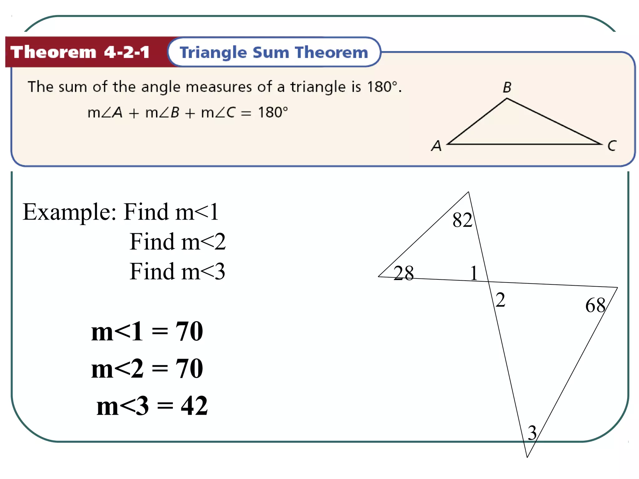 Example: Find m<1
Find m<2
Find m<3 28
82
682
1
3
m<1 = 70
m<2 = 70
m<3 = 42
 