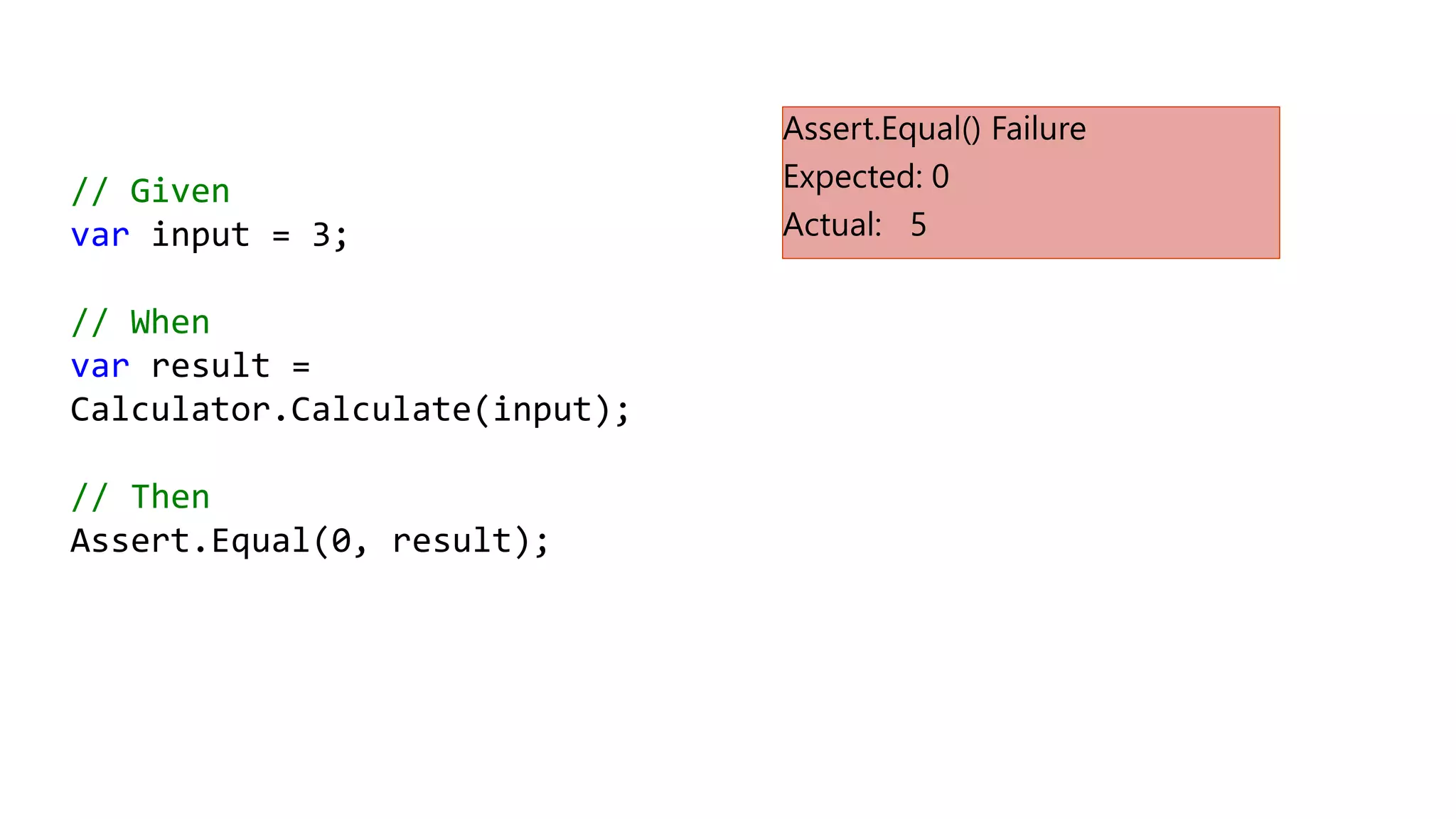 // Given
var input = 3;
// When
var result =
Calculator.Calculate(input);
// Then
Assert.Equal(0, result);
 