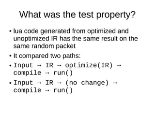 What was the test property?
● lua code generated from optimized and
unoptimized IR has the same result on the
same random packet
● It compared two paths:
● Input → IR → optimize(IR) →
compile → run()
● Input → IR → (no change) →
compile → run()
 