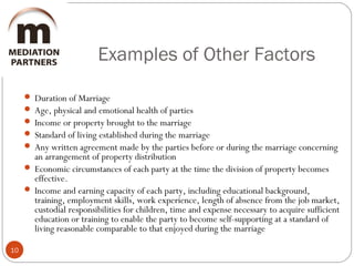 Examples of Other Factors
10
 Duration of Marriage
 Age, physical and emotional health of parties
 Income or property brought to the marriage
 Standard of living established during the marriage
 Any written agreement made by the parties before or during the marriage concerning
an arrangement of property distribution
 Economic circumstances of each party at the time the division of property becomes
effective.
 Income and earning capacity of each party, including educational background,
training, employment skills, work experience, length of absence from the job market,
custodial responsibilities for children, time and expense necessary to acquire sufficient
education or training to enable the party to become self-supporting at a standard of
living reasonable comparable to that enjoyed during the marriage
 