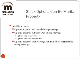 Stock Options Can Be Marital
Property
15
Possible scenarios
Options acquired and vested during marriage
Options acquired but not vested during marriage
Options for past performance
Options for future performance
Options acquired after marriage but granted for performance
during marriage
 