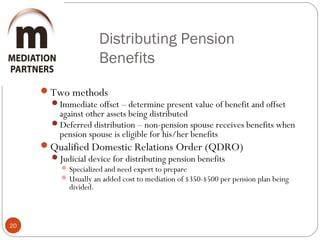Distributing Pension
Benefits
20
Two methods
Immediate offset – determine present value of benefit and offset
against other assets being distributed
Deferred distribution – non-pension spouse receives benefits when
pension spouse is eligible for his/her benefits
Qualified Domestic Relations Order (QDRO)
Judicial device for distributing pension benefits
Specialized and need expert to prepare
Usually an added cost to mediation of $350-$500 per pension plan being
divided.
 