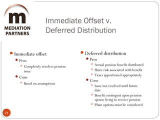 Immediate Offset v.
Deferred Distribution
21
Immediate offset
Pros
 Completely resolves pension
issue
Cons
 Based on assumptions
Deferred distribution
Pros
 Actual pension benefit distributed
 Share risk associated with benefit
 Taxes apportioned appropriately
Cons
 Issue not resolved until future
date
 Benefit contingent upon pension
spouse living to receive pension
 Plans options must be considered
 