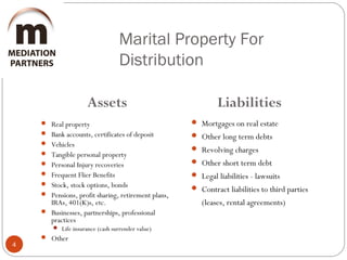 Marital Property For
Distribution
4
 Real property
 Bank accounts, certificates of deposit
 Vehicles
 Tangible personal property
 Personal Injury recoveries
 Frequent Flier Benefits
 Stock, stock options, bonds
 Pensions, profit sharing, retirement plans,
IRAs, 401(K)s, etc.
 Businesses, partnerships, professional
practices
 Life insurance (cash surrender value)
 Other
 Mortgages on real estate
 Other long term debts
 Revolving charges
 Other short term debt
 Legal liabilities - lawsuits
 Contract liabilities to third parties
(leases, rental agreements)
Assets Liabilities
 