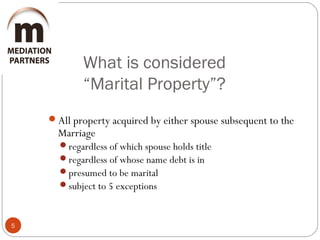 What is considered
“Marital Property”?
5
All property acquired by either spouse subsequent to the
Marriage
regardless of which spouse holds title
regardless of whose name debt is in
presumed to be marital
subject to 5 exceptions
 