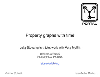 Property graphs with time
Julia Stoyanovich, joint work with Vera Mofﬁtt
Drexel University
Philadelphia, PA USA
stoyanovich.org
openCypher MeetupOctober 25, 2017
 