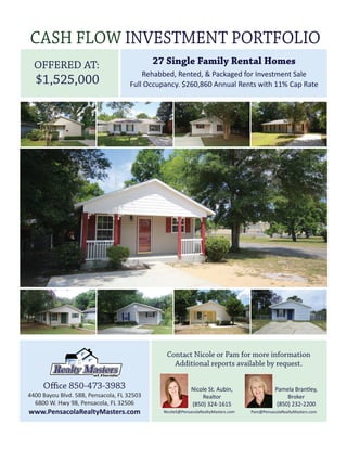 ffi
4400 Bayou Blvd. 58B, Pensacola, FL 32503
6800 W. Hwy 98, Pensacola, FL 32506
www.PensacolaRealtyMasters.com
Pamela Brantley,
Broker
(850) 232-2200
Nicole St. Aubin,
Realtor
(850) 324-1615
27 Single Family Rental Homes
Rehabbed, Rented, & Packaged for Investment Sale
Full Occupancy. $260,860 Annual Rents with 11% Cap Rate
NicoleS@PensacolaRealtyMasters.com Pam@PensacolaRealtyMasters.com
 