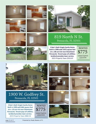 3 Bed 1 Bath Single Family Home
Built in 1996 with 1072 square feet
on a .08 acre lot near Downtown
landlord provides lawn service.
2015 Property Taxes $916.63
RENTED
Lease Expires
5/31/2016
3 Bed 1 Bath Single Family Home
Built in 1999 with 866 square feet
on a .14 acre lot near Downtown
landlord provides lawn service.
2015 Property Taxes $860.34
RENTED
Lease Expires
9/30/2016
 