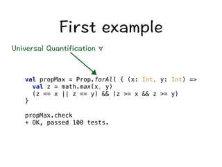 (KTUVGZCORNG 
7PKXGTUCN3WCPVKHKECVKQP∀ 
val propMax = Prop.forAll { (x: Int, y: Int) = 
val z = math.max(x, y) 
(z == x || z == y)  (z = x  z = y) 
} 
propMax.check 
+ OK, passed 100 tests. 
 