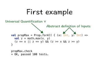 (KTUVGZCORNG 
#DUVTCEVFGHKPKVKQPQH+PRWVU 
7PKXGTUCN3WCPVKHKECVKQP∀ 
val propMax = Prop.forAll { (x: Int, y: Int) = 
val z = math.max(x, y) 
(z == x || z == y)  (z = x  z = y) 
} 
propMax.check 
+ OK, passed 100 tests. 
 