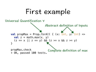 (KTUVGZCORNG 
#DUVTCEVFGHKPKVKQPQH+PRWVU 
val propMax = Prop.forAll { (x: Int, y: Int) = 
val z = math.max(x, y) 
(z == x || z == y)  (z = x  z = y) 
} 
propMax.check 
+ OK, passed 100 tests. 
%QORNGVGFGHKPKVKQPQHOCZ 
7PKXGTUCN3WCPVKHKECVKQP∀ 
 