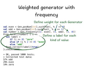 9GKIJVGFIGPGTCVQTYKVJ 
HTGSWGPE[ 
GHKPGYGKIJVHQTGCEJ)GPGTCVQT 
val even = Gen.posNum[Int].suchThat(_ % 2 == 0) 
val odd = Gen.posNum[Int].suchThat(_ % 2 == 1) 
val number = Gen.frequency((2, even), (4, odd), (1, 0)) 
Prop.forAll(number) { i = 
val label = 
if (i == 0) zero 
else if (i % 2 == 0) even 
else odd 
Prop.collect(label)(true) 
}.check(1000) 
+ OK, passed 1000 tests. 
 Collected test data: 
57% odd 
29% even 
14% zero 
GHKPGCNCDGNHQTGCEJ 
MKPFQHXCNWG 
 