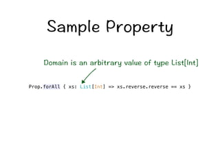 5CORNG2TQRGTV[ 
QOCKPKUCPCTDKVTCT[XCNWGQHV[RG.KUV=+PV? 
Prop.forAll { xs: List[Int] = xs.reverse.reverse == xs } 
 
