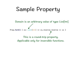 5CORNG2TQRGTV[ 
QOCKPKUCPCTDKVTCT[XCNWGQHV[RG.KUV=+PV? 
Prop.forAll { xs: List[Int] = xs.reverse.reverse == xs } 
6JKUKUCTQWPFVTKRRTQRGTV[ 
#RRNKECDNGQPN[HQTKPXGTUKDNGHWPEVKQPU 
 