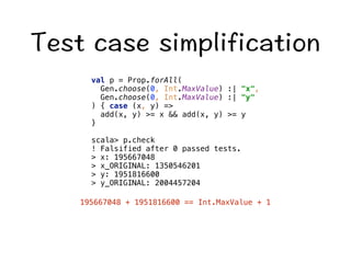 6GUVECUGUKORNKHKECVKQP 
val p = Prop.forAll( 
Gen.choose(0, Int.MaxValue) :| x, 
Gen.choose(0, Int.MaxValue) :| y 
) { case (x, y) = 
add(x, y) = x  add(x, y) = y 
} 
scala p.check 
! Falsified after 0 passed tests. 
 x: 195667048 
 x_ORIGINAL: 1350546201 
 y: 1951816600 
 y_ORIGINAL: 2004457204 
195667048 + 1951816600 == Int.MaxValue + 1 
 