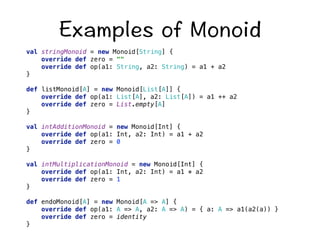 'ZCORNGUQH/QPQKF 
val stringMonoid = new Monoid[String] { 
override def zero =  
override def op(a1: String, a2: String) = a1 + a2 
} 
def listMonoid[A] = new Monoid[List[A]] { 
override def op(a1: List[A], a2: List[A]) = a1 ++ a2 
override def zero = List.empty[A] 
} 
val intAdditionMonoid = new Monoid[Int] { 
override def op(a1: Int, a2: Int) = a1 + a2 
override def zero = 0 
} 
val intMultiplicationMonoid = new Monoid[Int] { 
override def op(a1: Int, a2: Int) = a1 * a2 
override def zero = 1 
} 
def endoMonoid[A] = new Monoid[A = A] { 
override def op(a1: A = A, a2: A = A) = { a: A = a1(a2(a)) } 
override def zero = identity 
} 
 
